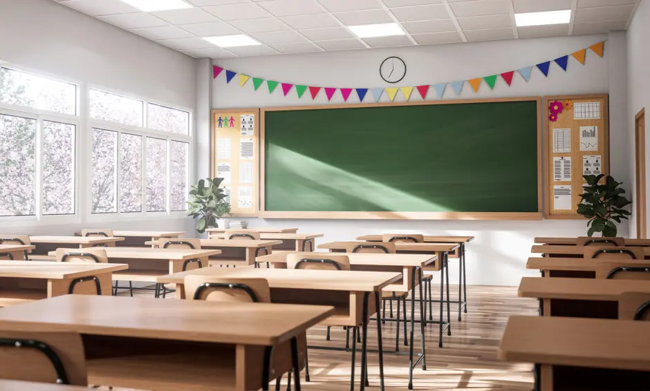 Empty clean private school classroom with light shining through windows