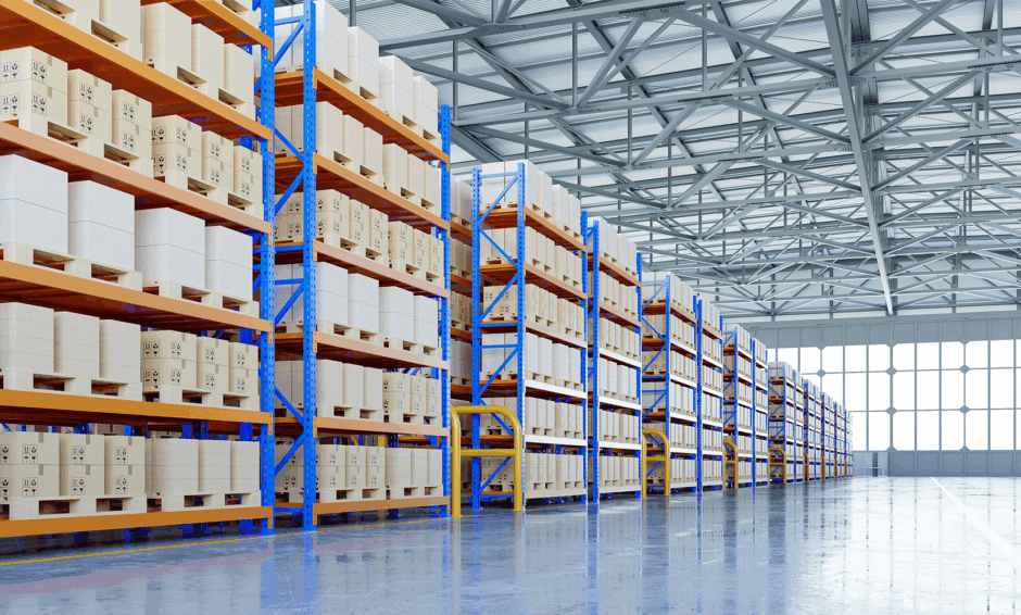 Warehouse with clean floor and shelving showing value of inventory cleaning
