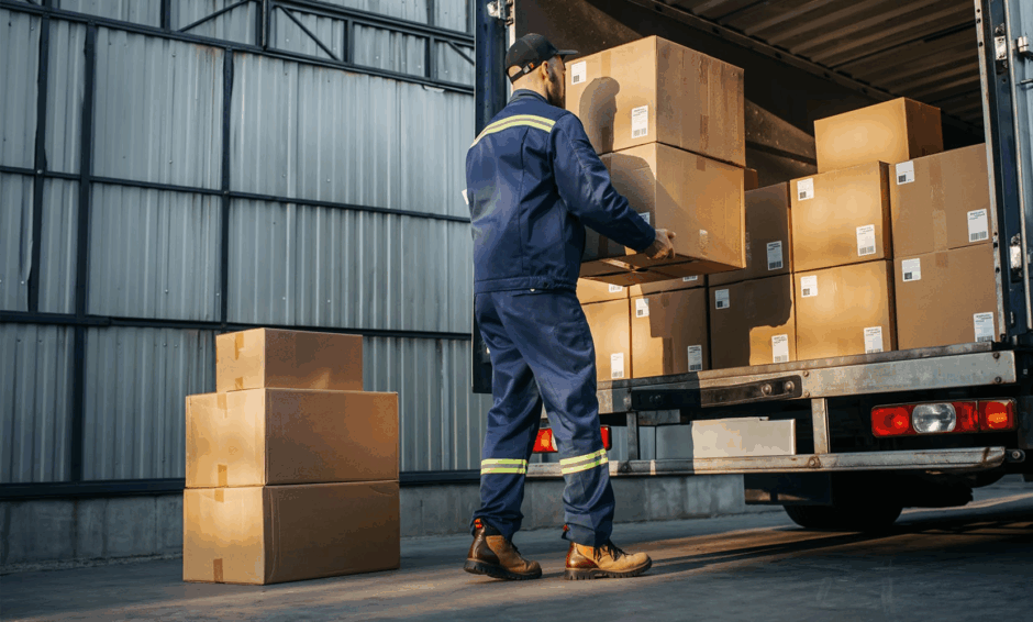 Person unloading boxes from a truck inside a warehouse-looking facility