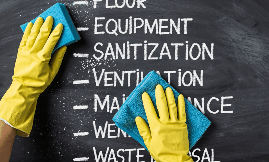 Two yellow-gloved hands with sponges cleaning chalkboard with year-end cleaning priorities written on it in chalk