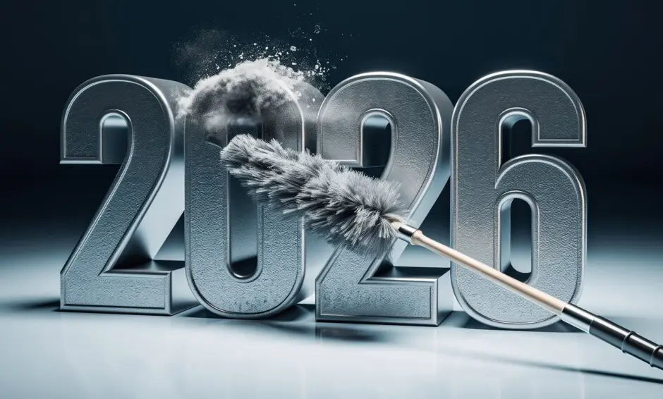 Big bold silver numbers "2026" being dusted with a feather duster against a shadowy background to represent cleaning
