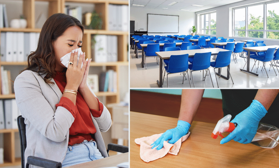 Collage showing a woman sneezing into a tissue in an office, an empty classroom with desks and chairs, and a gloved worker disinfecting a desk surface—representing illness prevention and cleaning protocols in school environments.
