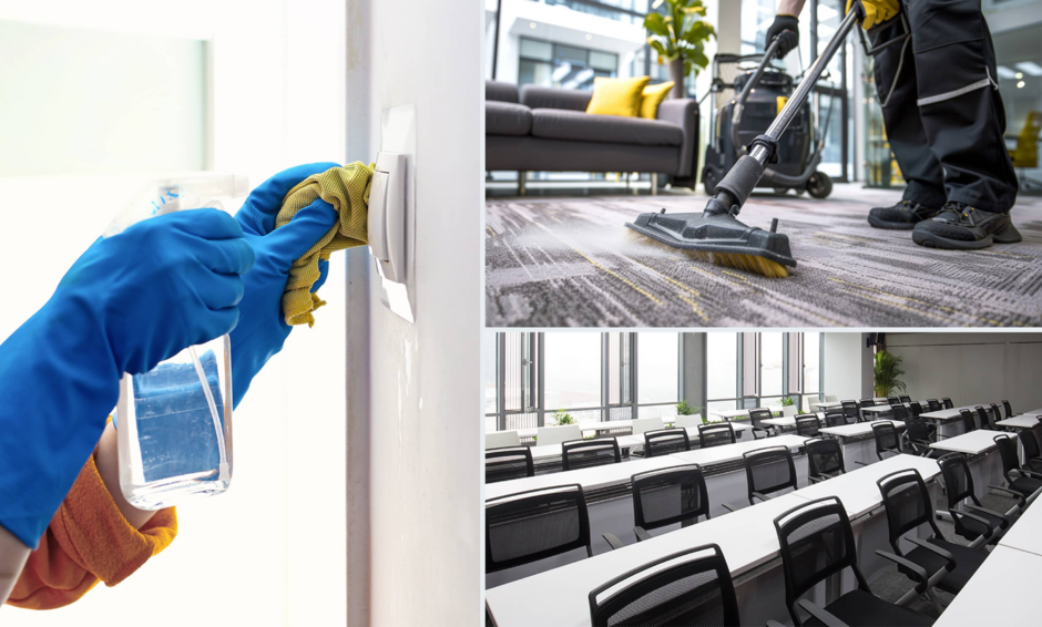 Collage showing a gloved worker disinfecting a light switch, a commercial cleaner vacuuming carpet in an office lobby, and a clean, empty classroom, representing professional cleaning services that prepare facilities for increased fall occupancy.