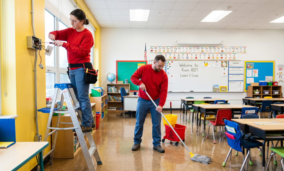 School maintenance staff cleaning a classroom while electrical maintenance is completed during summer break.