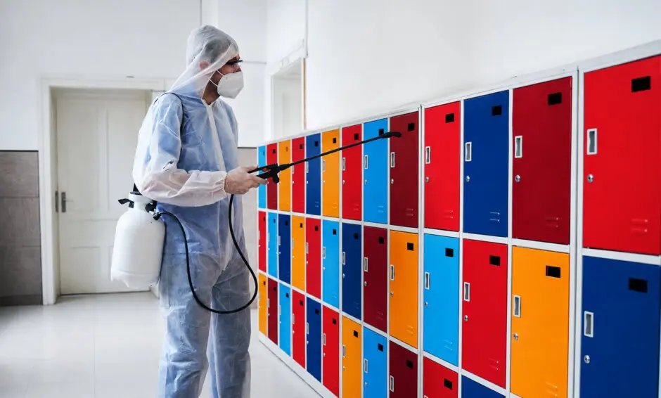 Worker in protective gear disinfecting colorful school lockers with a spray wand.