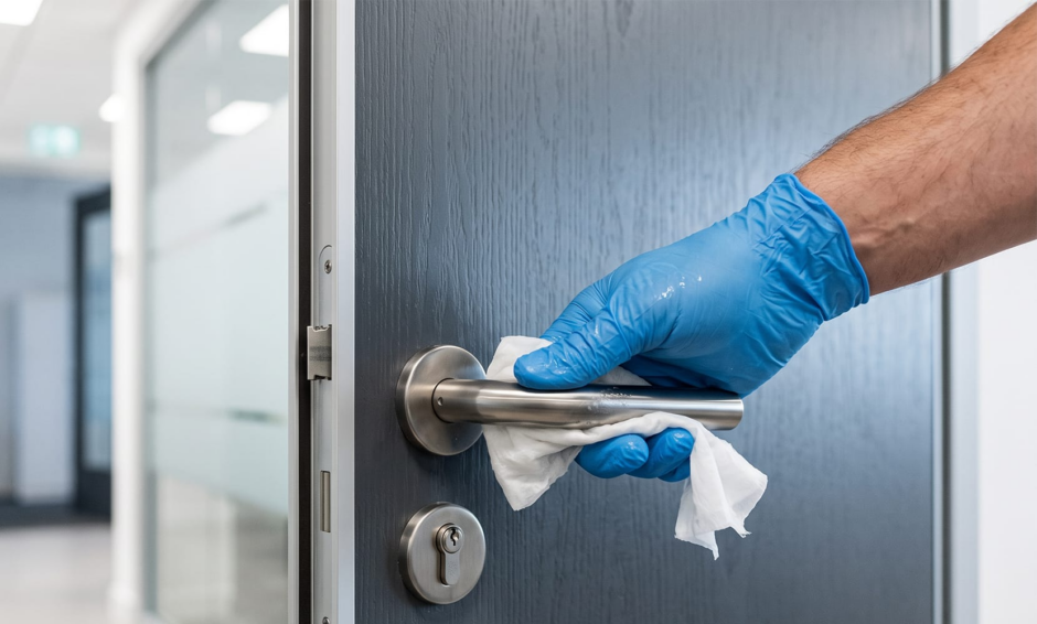 Gloved cleaning professional disinfecting a high-touch door handle in a commercial facility during routine cleaning.