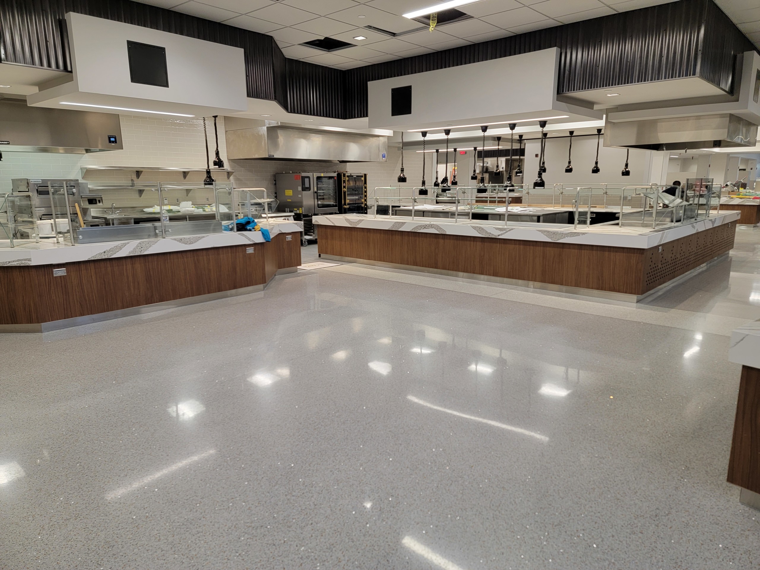 Nicely polished floor of a school kitchen