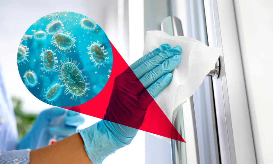 Gloved hand sanitizing a door handle with close-up of germs during cold and flu season.