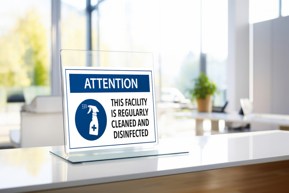 Image of a countertop sign in a healthcare or office setting that reads "Attention: This Facility is Regularly Cleaned and Disinfected"