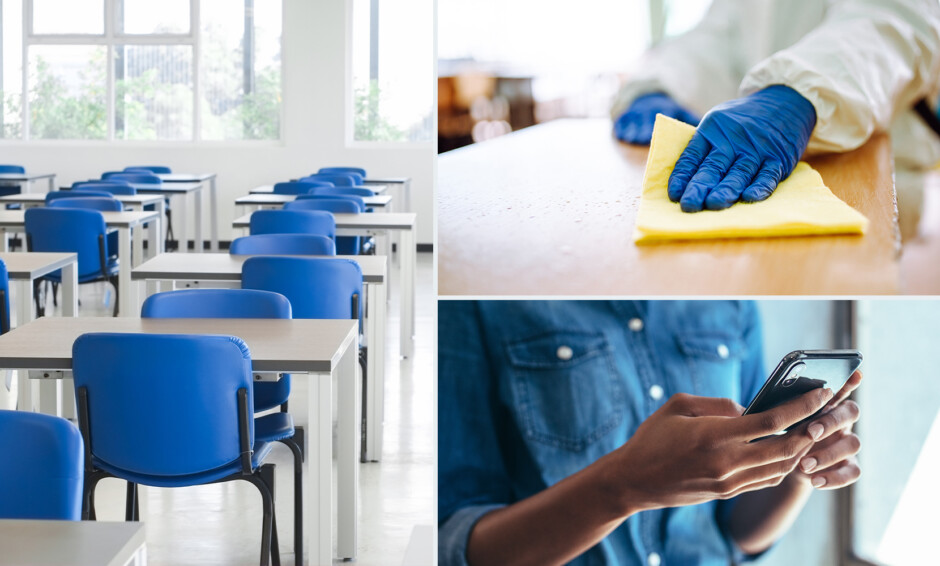 Clean classroom, wiping surfaces, using smartphone, representing effective communication of school cleaning standards and schedules for K-12 schools