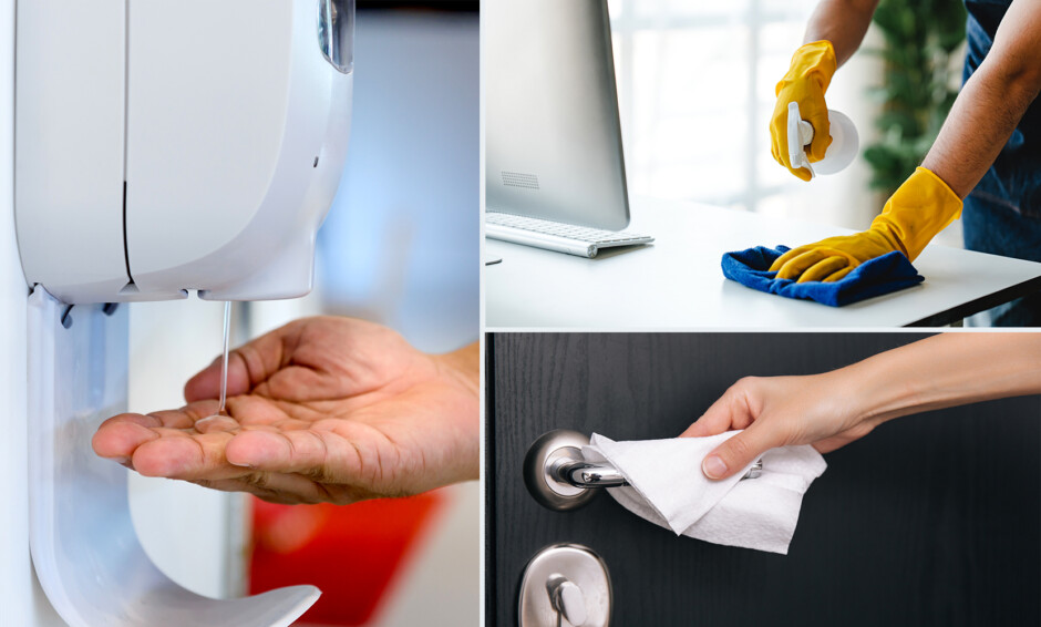 Close-up of a hand using a sanitizer dispenser, wiping a desk, and cleaning a door handle with a cloth