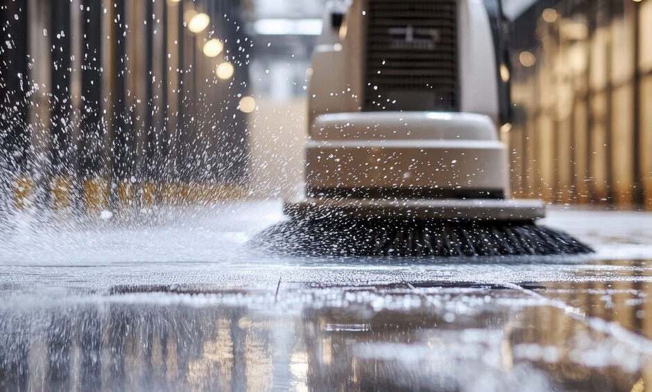 Industrial floor scrubber cleaning a warehouse aisle, with water spray and reflections emphasizing cleanliness and maintenance