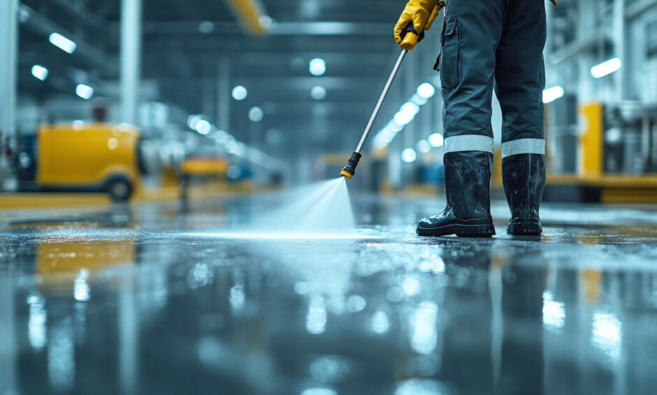 Worker pressure washing the floor of an industrial facility, highlighting the importance of maintaining a regular cleaning schedule for safety and performance
