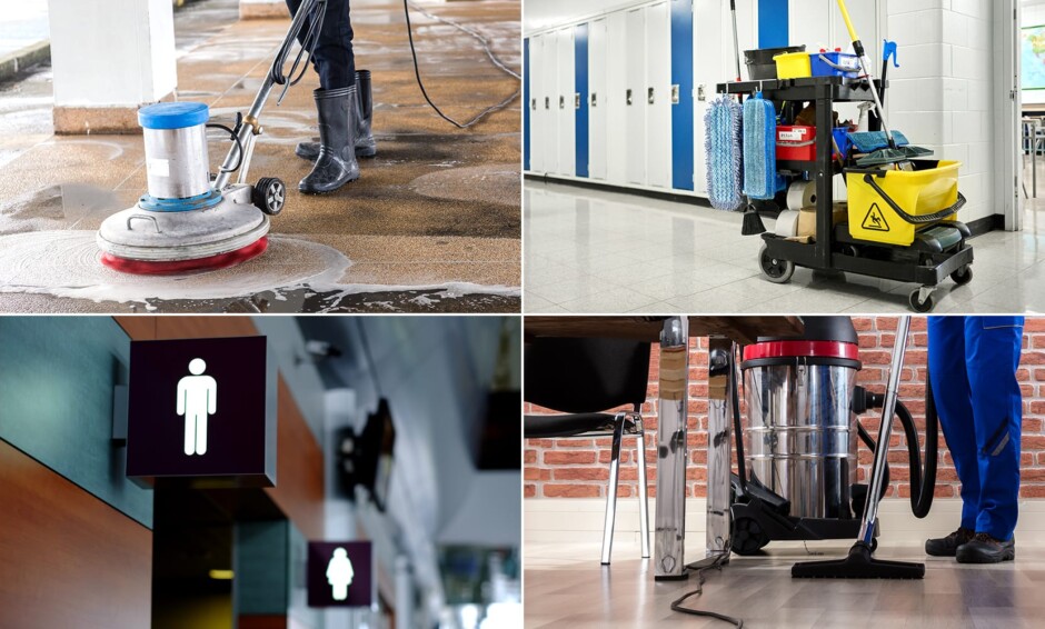Commercial deep cleaning in schools and universities during summer break, including floor scrubbing, restroom sanitation, equipment carts, and vacuuming services