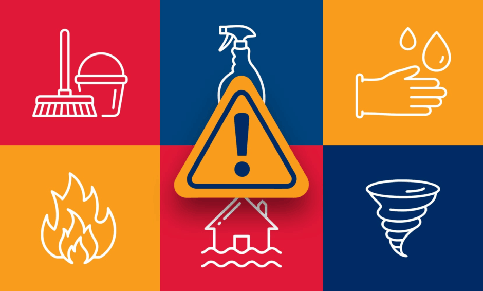 various emergency and disaster warning symbols for blog about national preparedness month and emergency cleaning strategies