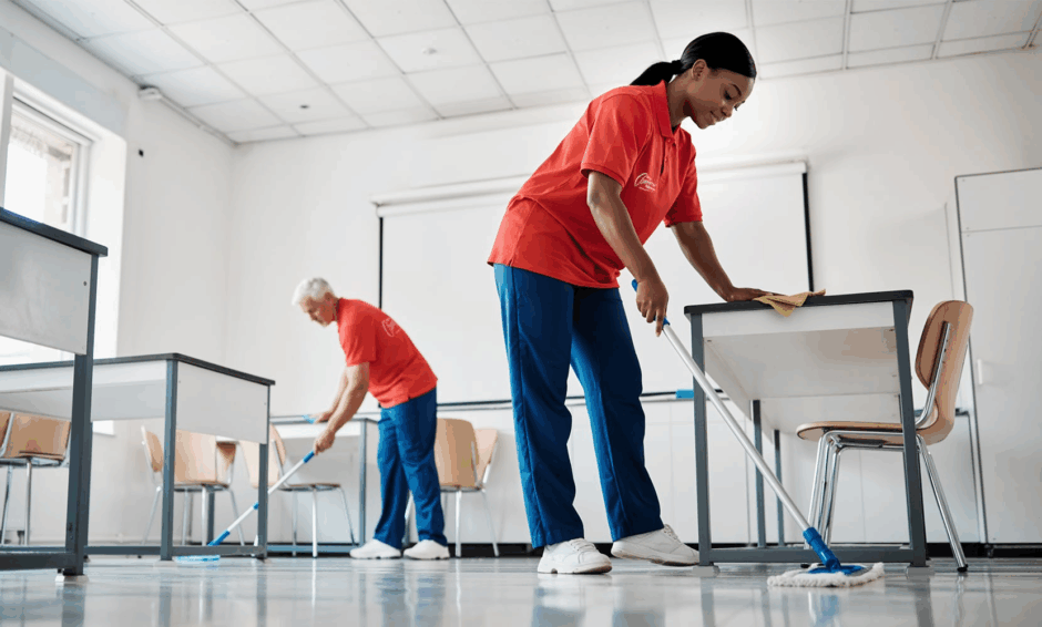 Cleaning staff mop floors and wipe desks in a classroom during winter break school cleaning
