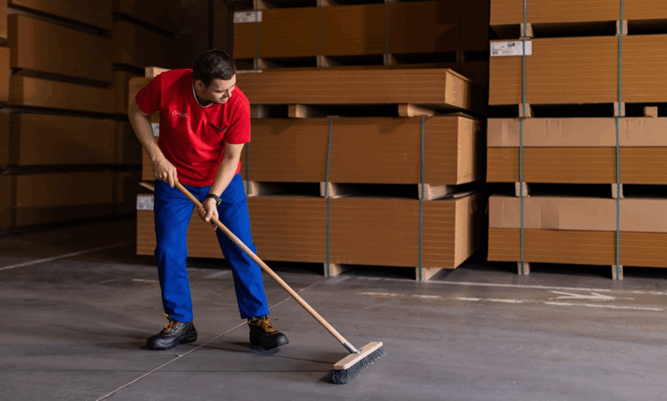 Commercial cleaner sweeping an empty warehouse floor with stacked pallets in the background, highlighting unobstructed space for off-hours cleaning