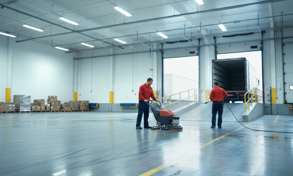 Commercial cleaning professionals cleaning a warehouse floor near a loading dock, highlighting facility maintenance after winter conditions