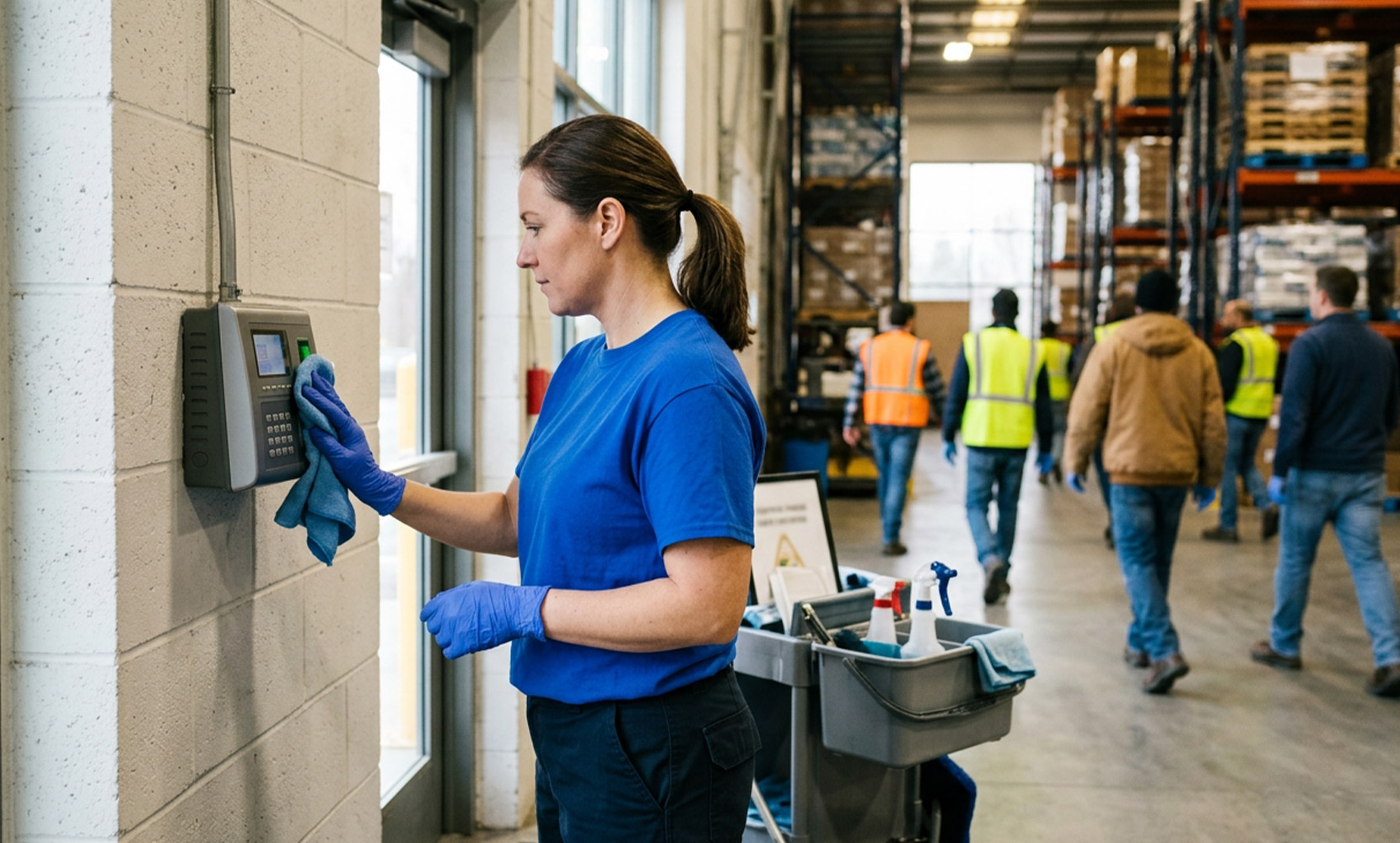Commercial cleaning professional wearing gloves disinfects a wall-mounted keypad in an active warehouse facility.